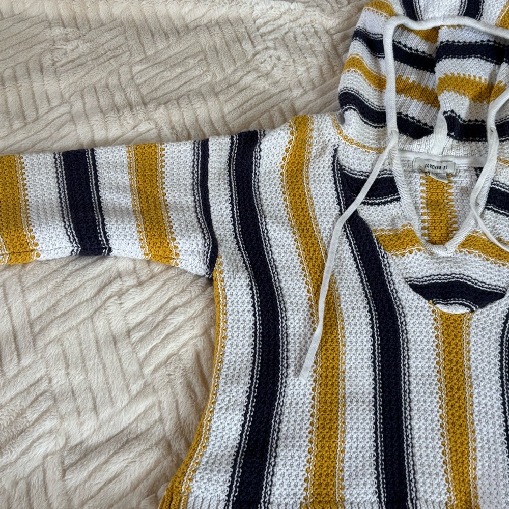 Forever 21 Cropped Baja Hoodie Yellow White Blue Stripes 100% Cotton Sz S Y2K - Picture 4 of 7